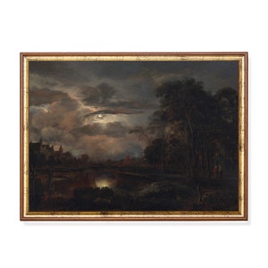 Vintage Moonlit Landscape Print – Dramatic Night Sky with Castle and Bridge, Antique Dark Romantic Painting, Gothic Wall Art Decor