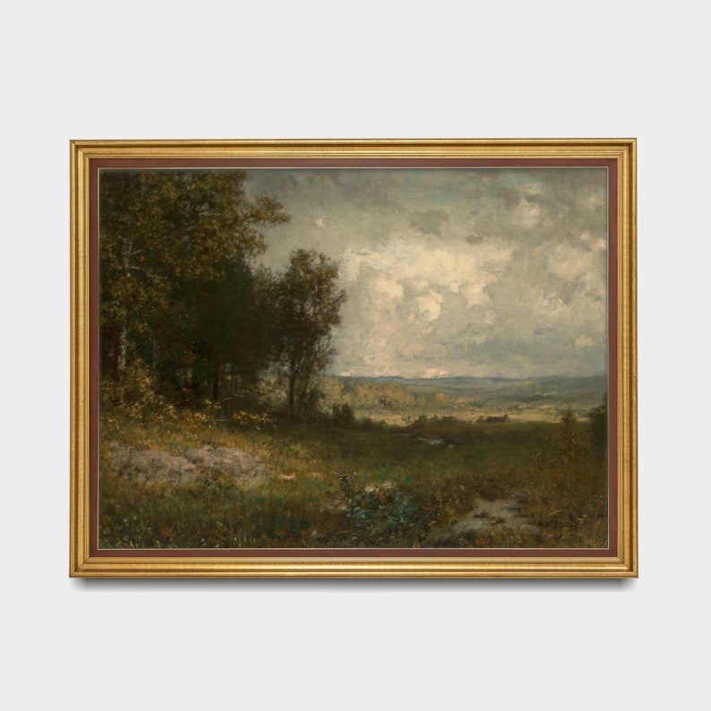May include: A painting of a landscape with a forest in the foreground and a valley in the background. The sky is cloudy and the colors are muted.