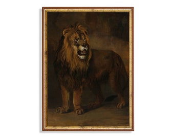 Vintage Lion Painting | Antique Animal Print | Digital Download | Printable Wall Art | Moody Rustic Print | Farmhouse Decor | Fine Art Print