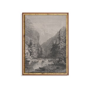 Vintage Nature Drawing | Antique Landscape Sketch | Moody Rustic Forest Print | Digital Download | Printable Wall Art | Farmhouse Decor