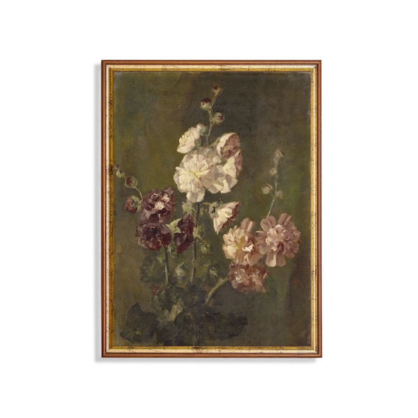Vintage Botanical Painting | Hollyhock Antique Print | Rustic Floral Decor | Digital Download | Printable Vertical Wall Art | Fine Art Print