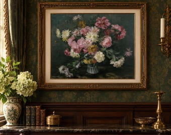 Vintage Floral Still Life Print, Moody Pink Peony Bouquet, Dark Botanical (Digital Download)