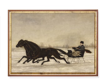 Winter Landscape Print: Horse Drawn Sleigh, Vintage Christmas Decor