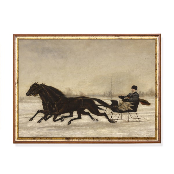 Winter Snowy Landscape | Horse drawn Sleigh Rustic Painting  Antique Fine Art Print | Vintage Printable Wall Art | Christmas Holiday Decor