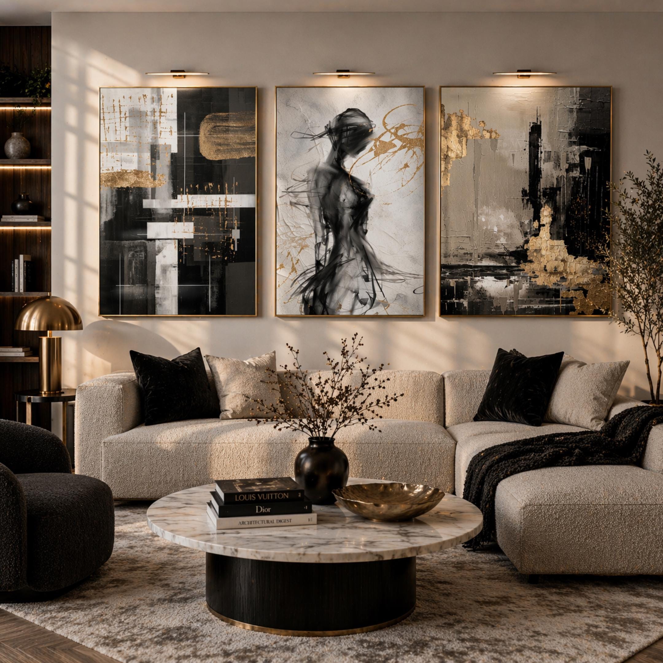 Set of 3 Abstract Figure Prints – Neutral Black Beige Gold Gallery Wall ...