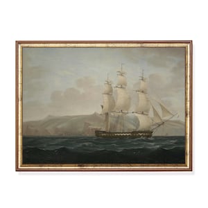 Estampa de velero vintage, paisaje marino naval antiguo, obra de arte marítima clásica