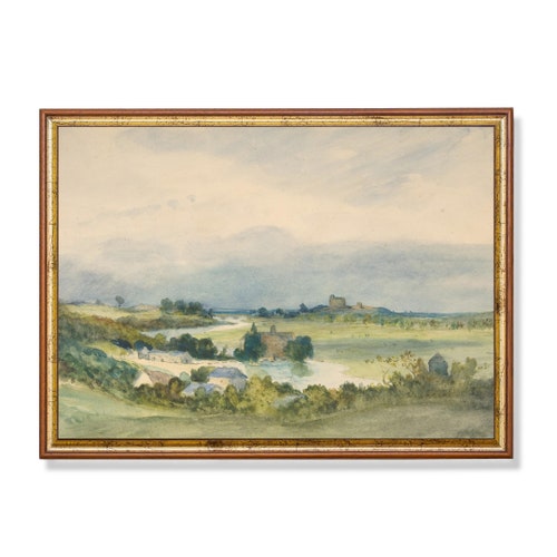 Vintage French Countryside Watercolor Print: Pastoral River Landscape