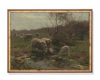 Vintage Sheep Landscape Art Print: Moody Farmhouse Decor