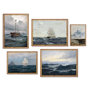 Vintage Coastal Gallery Wall | Set of 5 Prints | Antique Seascape Painting | Digital Download | Printable Wall Art | Ocean Beach Fine Print