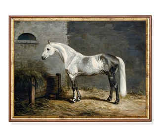 Vintage Horse Oil Painting Print: Rustic Farmhouse Decor