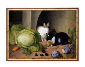 Vintage Rabbit Painting: Rustic Farmhouse Animal Art Print