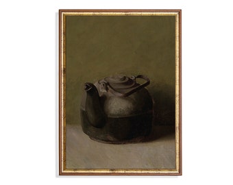 Antique Teapot Still Life Painting: Vintage Farmhouse Art Print