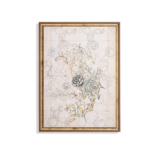 May include: Framed botanical art print with a detailed floral design in black, green, and yellow. The artwork is set against a cream background with a grid pattern and is encased in a brown wooden frame.