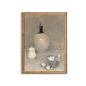 Vintage minimalistisches Stillleben - Antiker digitaler Download von Flasche, Schüssel und Knoblauch - Neutral getönte Küchenwandkunst in sanften Palette