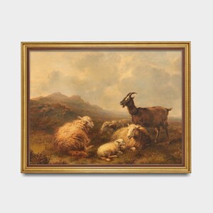 May include: A painting of a goat and sheep in a field. The goat is brown and white and has long horns. The sheep are white and have fluffy wool. The background is a landscape with hills and clouds.