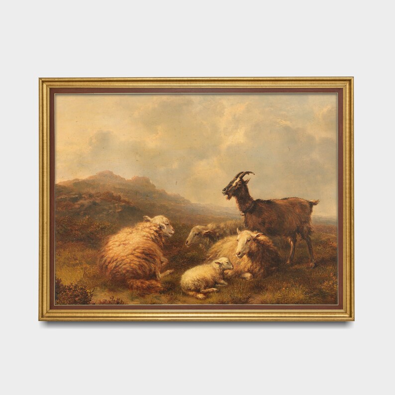 May include: A painting of a goat and sheep in a field. The goat is brown and white and has long horns. The sheep are white and have fluffy wool. The background is a landscape with hills and clouds.