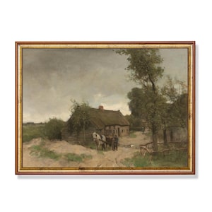 Rustic Farmhouse Landscape Print: Vintage Dutch Countryside Scene (Digital Download