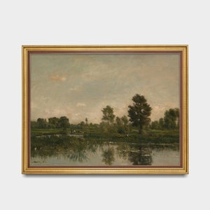 Pode incluir: Uma pintura de uma paisagem com um rio em primeiro plano e &aacute;rvores no fundo. O c&eacute;u est&aacute; nublado e a &aacute;gua reflete o c&eacute;u.