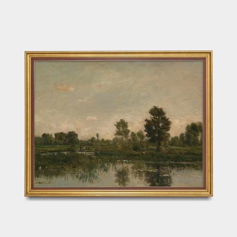 Pode incluir: Uma pintura de uma paisagem com um rio em primeiro plano e &aacute;rvores no fundo. O c&eacute;u est&aacute; nublado e a &aacute;gua reflete o c&eacute;u.