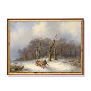 Winter Landscape Painting | Antique Horse-Drawn Sleigh Scene (Digital Download)