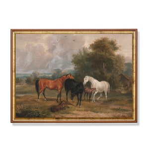 Vintage Horse Painting Print: Equestrian Farm Scene, Rustic Wall Decor (Digital Download)