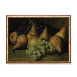 Vintage Pear and Grape Still Life Print: Moody Farmhouse Kitchen Art