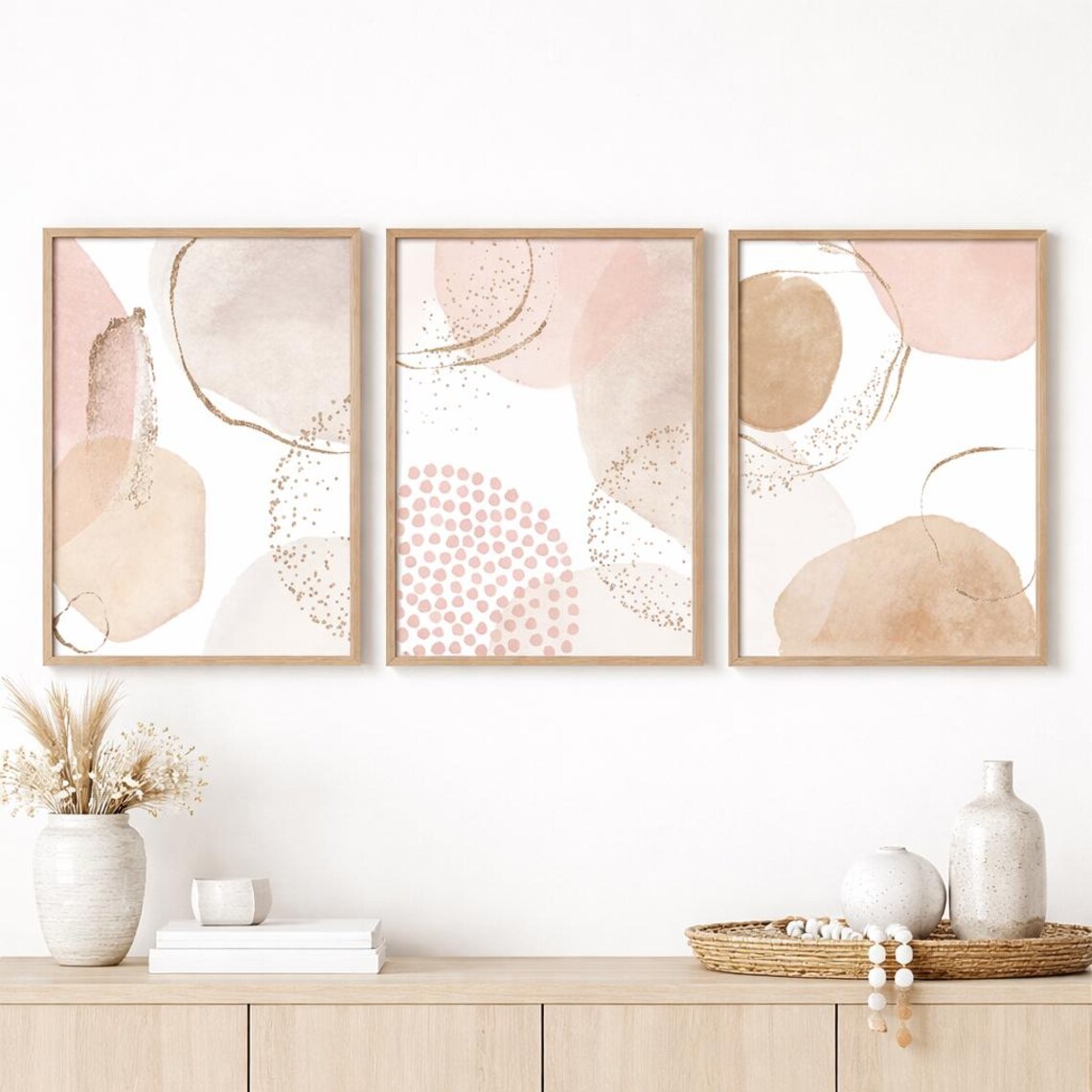 Blush Pink Abstract Art Prints: Beige Boho Wall Art Set (digital ...