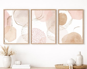 Blush Pink Abstract Art Prints: Beige Boho Wall Art Set (Digital Download)