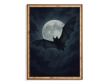 Gothic Bat Moon Print, Vintage Halloween Wall Art, Witchcore Nocturnal Decor (Digital Download)