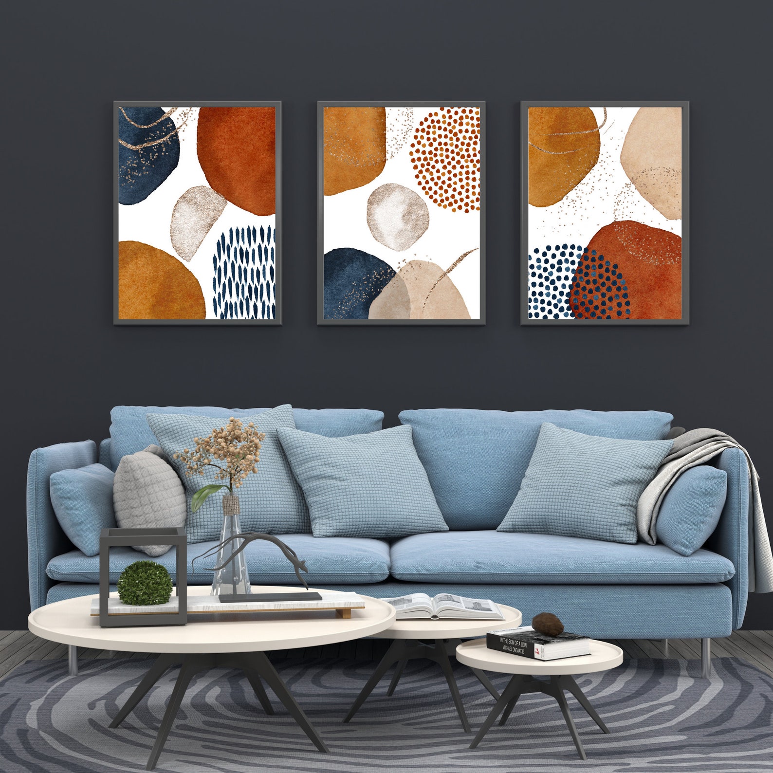 3 Piece Wall Art Printable Navy Blue Burnt Orange Terracotta Etsy