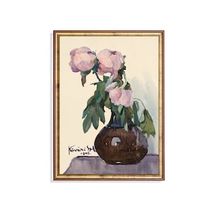 Vintage Peonies Watercolor Art Print: Antique Floral Still Life
