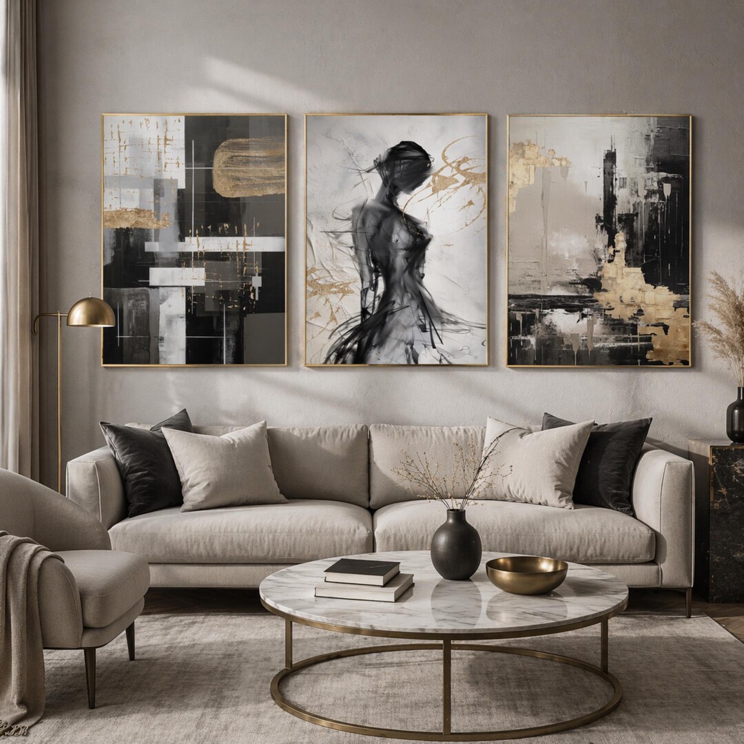 Set of 3 Abstract Figure Prints – Neutral Black Beige Gold Gallery Wall ...