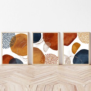 Set Of 3 Prints Abstract Wall Art Boho Prints Navy Blue Burnt Orange