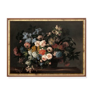 郵送プリント | 花のある静物画 | ダークで落ち着いた雰囲気の油絵プリント | アンティークな花のアート | リビングルームの装飾 | 印刷して発送