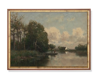 Vintage River Landscape Painting: Rustic Country Scenery Art Print