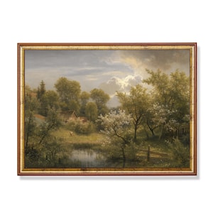 Paisaje campestre primaveral - Arte paisajístico vintage - Escena de naturaleza rústica - Pintura de huerto floreciente - Decoración de pared de granja serena - Solo impresión