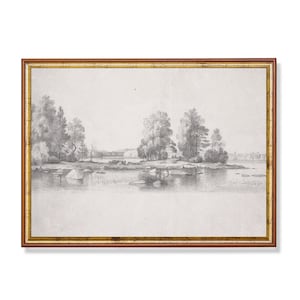 Vintage Sketch Drawing | Antique Lake Landscape | Digital Download | Printable Wall Art | Neutral Sketch Art | 18th Century Fine Art Print