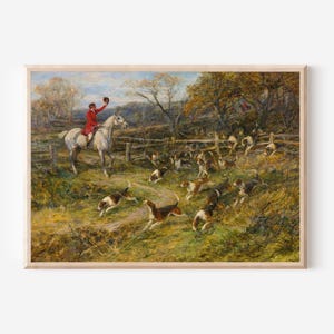 Fox Hunt with Hounds Print – Vintage Equestrian Painting, Rider in Red on White Horse, Classic English Countryside Sporting Scene
