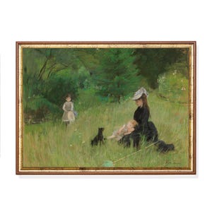 ヴィンテージガーデンファミリープリント - 19世紀印象派の母と子の公園での絵画、田園風景の壁装飾、穏やかな春の風景