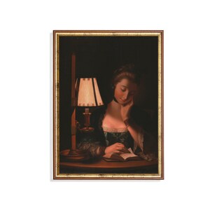 Vintage schilderij vrouw lezend: humeurige Victoriaanse kunstafdruk