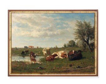 Cows in Meadow Vintage Painting Print: Farmhouse Landscape