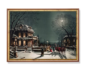 May include: A vintage Christmas scene with a snow-covered house, a horse-drawn carriage, and people walking in the snow under a full moon.