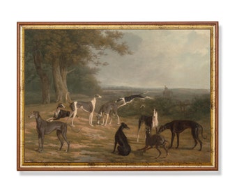 May include: A painting depicting a group of greyhounds in a grassy field. The dogs are various shades of brown and white, and some are running while others are standing or sitting. The background is a hazy landscape with trees and a distant figure.