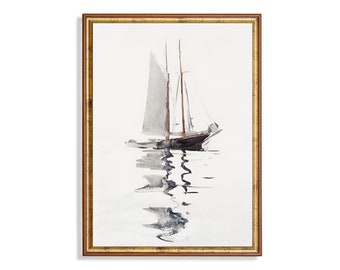 Vintage zeilbootschilderij: gedempte antieke kunstdruk zeegezicht