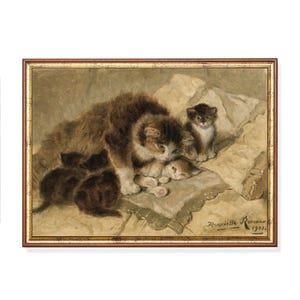 Vintage Kitten Art Print – Mother Cat with Kittens, Henriëtte Ronner Painting 1901, Antique Animal Nursery Wall Art, Cozy Pet Decor