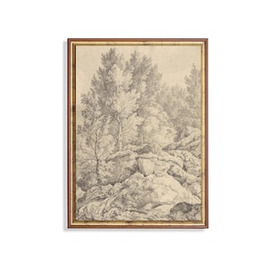 Landscape Sketch Print: Vintage Valley View, Rustic Country Decor