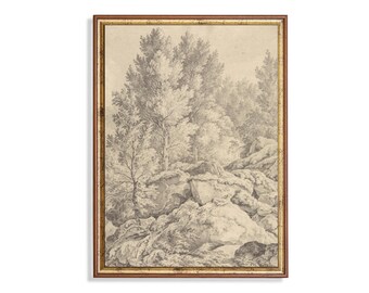 Landscape Sketch Print: Vintage Valley View, Rustic Country Decor