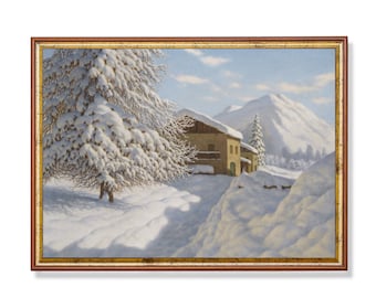 May include: A framed painting of a winter landscape, showing a snow-covered house and trees. The artwork depicts a serene mountain scene with a clear blue sky and snow-covered peaks. The painting is encased in a gold-toned wooden frame.
