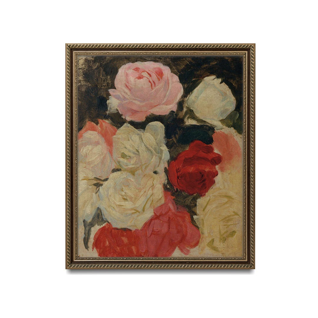 Romantic Rose Art Print – Vintage Floral Painting, Blush Pink and Red ...