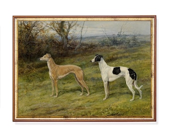May include: A framed painting depicting two greyhounds in a field. One is tan, the other white with black patches. The artwork is set in a landscape with trees and has a brown wooden frame.